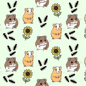 Può includere: Un motivo ripetitivo su sfondo verde chiaro con illustrazioni di criceti marroni e bianchi, girasoli gialli con steli verdi e semi di girasole neri e bianchi disposti in un layout sparso e organizzato.