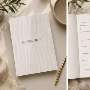May include: A white notebook with a textured wavy cover featuring the word SUPERVISION in black text. The interior page displays a printed Supervision Agenda with fields for staff name, date, high risk clients, case consultation, and feedback.