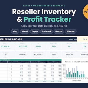 Op de afbeelding: Een digitaal sjabloon voor voorraad- en winstregistratie voor wederverkopers, geschikt voor Excel en Google Sheets. Het dashboard toont gegevens voor 2026, waaronder omzet, nettowinst, winstmarge, verkochte items en maandelijkse prestaties.