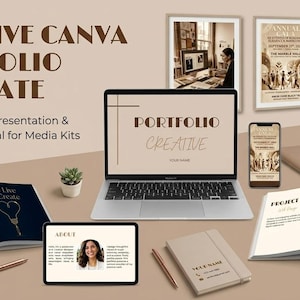 Puede incluir: Un conjunto de plantillas de portafolio digital que incluye una computadora portátil, una tableta y libros abiertos con diseños creativos. El texto dice Creative Canva Portfolio Template, 100% Editable, Presentation & A4 Formats, Ideal for Media Kits, Portfolio Creative, Table of Contents, We Live to Create, About, Project 02, Project 03, Annual Gala y Thank You.
