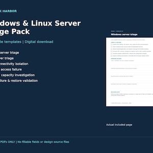 May include: A digital Windows & Linux Server Triage Pack featuring six printable templates. The dark blue background displays white text listing the templates, while a white page preview shows the Windows server triage form with checkboxes.