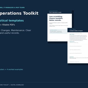 Könnte beinhalten: Ein IT-Operations-Toolkit als digitaler Download mit 28 druckbaren und ausfüllbaren PDF-Vorlagen für Systemadministratoren und IT-Teams. Das Dokument enthält 37 Vorlagenseiten und 4 ausgearbeitete Beispiele für Vorfälle, Änderungen und Wartung.
