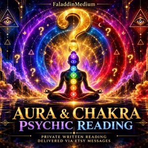 May include: A digital graphic featuring a silhouette in a lotus position with seven glowing colored chakra points, set against a vibrant cosmic background with a large golden question mark and the text FaladdinMedium Aura & Chakra Psychic Reading.
