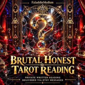 May include: A digital graphic featuring the text FaladdinMedium, BRUTAL HONEST TAROT READING, and PRIVATE WRITTEN READING DELIVERED VIA ETSY MESSAGES. A large golden question mark sits before a shattered mirror frame with red velvet curtains.