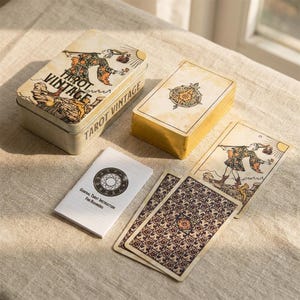 Op de afbeelding: Een rechthoekig metalen blik met het label Tarot Vintage, een kaartspel met gouden randen, een klein instructieboekje getiteld General Tarot Instruction For Beginners en diverse tarotkaarten met afbeeldingen.