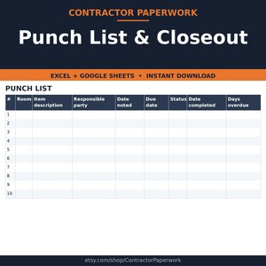 Punch List Template Excel | Final Walkthrough Checklist | Construction Closeout Form for Contractors