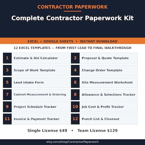 May include: A digital document set titled Contractor Paperwork, Complete Contractor Paperwork Kit, featuring 12 Excel and Google Sheets templates for construction projects, ranging from Estimate & Bid Calculator to Punch List & Closeout.