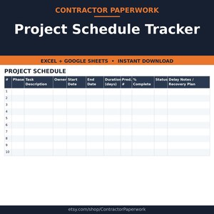 May include: A digital project schedule tracker template featuring a dark blue header with the text Contractor Paperwork and Project Schedule Tracker. The table includes columns for phase, task description, owner, dates, duration, and status.