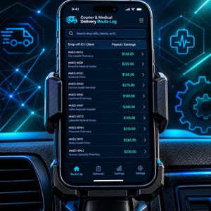 May include: A smartphone mounted in a black car holder displaying a Courier & Medical Delivery Route Log app. The screen shows a list of drop-off IDs, client names like City Health Pharmacy, and payout amounts in green text against a dark background.