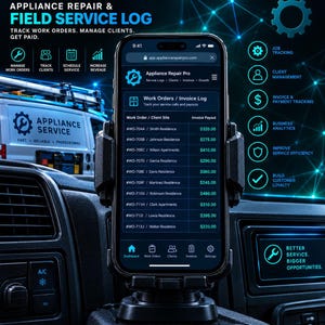 May include: A smartphone mounted in a vehicle dashboard holder displaying the Appliance Repair Pro app interface. The screen shows a work order and invoice log with client names and payout amounts, alongside text headers and icons for service management.