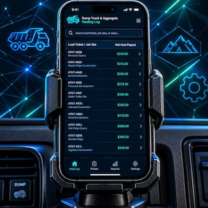 Puede incluir: Un teléfono inteligente montado en un soporte negro para coche que muestra la aplicación Dump Truck & Aggregate Hauling Log. La pantalla presenta una lista de tickets de carga, sitios de trabajo y pagos netos en texto verde sobre fondo oscuro.