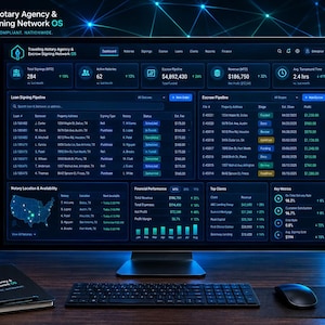 May include: A computer monitor displaying a dark-themed dashboard for Traveling Notary Agency & Escrow Signing Network OS, featuring loan signing pipelines, financial performance metrics, and client data, accompanied by a branded notebook and mug.