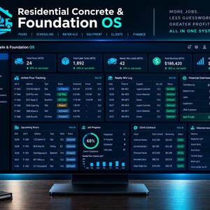 Système d'exploitation pour entreprises de bétonnage, Centre de commandement pour entreprises de fondations, Tableau de répartition des coulages commerciaux, Feuille de calcul pour la gestion des flottes de bétonnières prêtes à l'emploi – Application Web