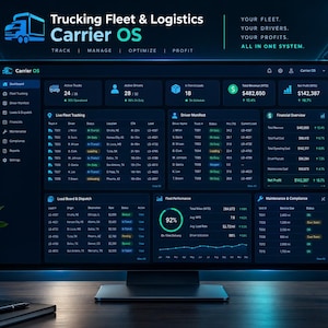 Könnte beinhalten: Ein Computermonitor mit dem Trucking Fleet & Logistics Carrier OS Dashboard. Die dunkel gestaltete Benutzeroberfläche zeigt Daten-Widgets für aktive Lkw, Fahrer-Manifeste, Finanzübersichten, Frachtlisten und Flottenleistung.