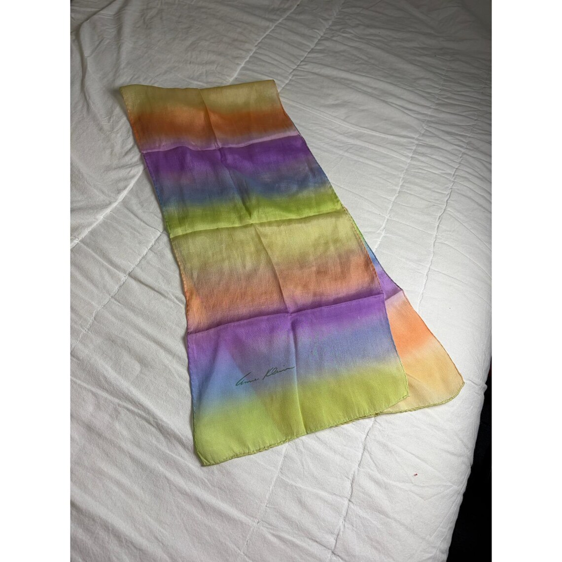 Anne Klein Vintage Silk Scarf Ombre Rainbow Gradient Watercolor Signature Scarf, foto 3 di 3