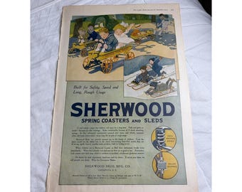 Anuncio impreso de 1919 de Sherwood Spring Coasters Sleds (Diario de Hogar para Damas) y artículos de arte relacionados con juguetes.