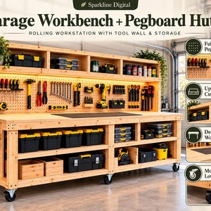 May include: A light-colored wooden garage workbench with a pegboard hutch, featuring a rolling workstation, tool wall, and storage. The unit includes upper cubby storage, a deep work surface, and mobile lower storage with wheels.