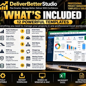 May include: A digital product display for DeliverBetterStudio project management templates. It features a list of 12 Excel templates, a laptop screen showing a project dashboard, and icons for features like fully editable and instant download.