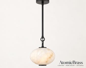 Lámpara colgante ovalada de alabastro de lujo, lámpara colgante moderna de latón, iluminación para islas de cocina.