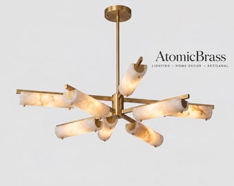 Luxury Alabaster Chandelier, Modern Brass Sputnik Ceiling Light, 4, 6 & 8 Light Sculptural Pendant, Mid Century Dining Room Lighting