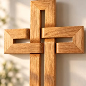 May include: A wall-mounted cross constructed from light brown oak wood with a visible grain pattern. The design features four interlocking rectangular segments that form a continuous, geometric loop structure with open spaces in the center.