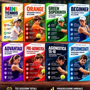 Op de afbeelding: Een collectie van acht tennistrainingsprogramma's voor coaches, bestaande uit kleurrijke handleidingen met afbeeldingen van spelers, Italiaanse tekst en iconen die lesplannen, jaarlijkse vorderingen en technische doelen voor elk niveau weergeven.
