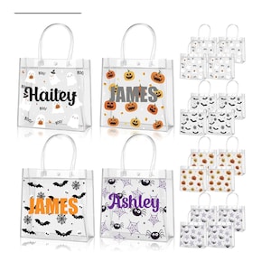 May include: Clear Halloween-themed tote bags with various designs. Some bags feature names like "Hailey," "James," and "Ashley." Designs include ghosts, pumpkins, bats, spiders, and stars. Each bag has a clear handle.
