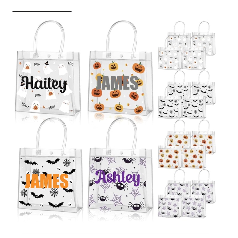 May include: Clear Halloween-themed tote bags with various designs. Some bags feature names like "Hailey," "James," and "Ashley." Designs include ghosts, pumpkins, bats, spiders, and stars. Each bag has a clear handle.