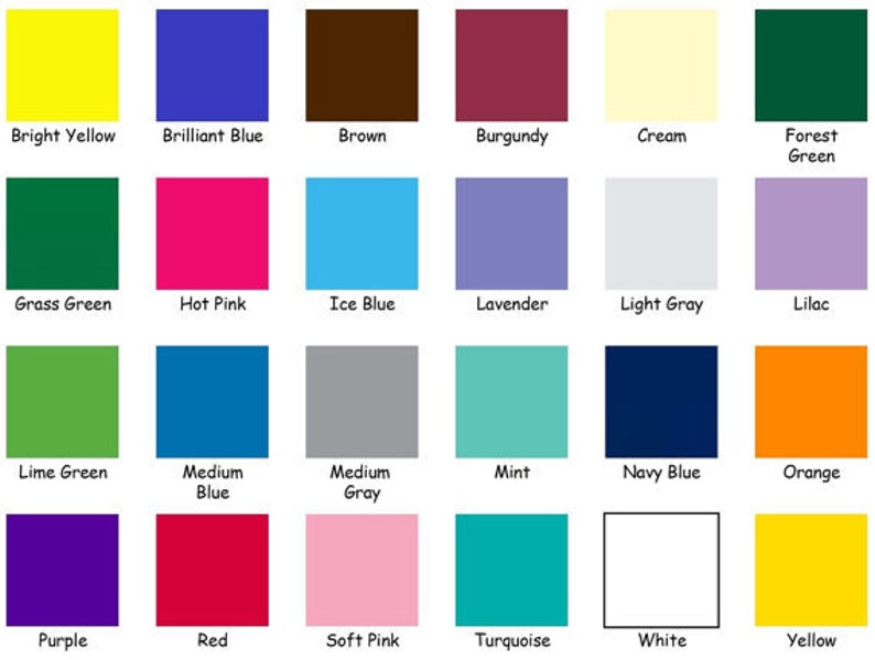 May include: A colour chart displaying 25 colour swatches, each labelled with a name. Colours include bright yellow, brilliant blue, brown, burgundy, cream, forest green, grass green, hot pink, ice blue, and more.