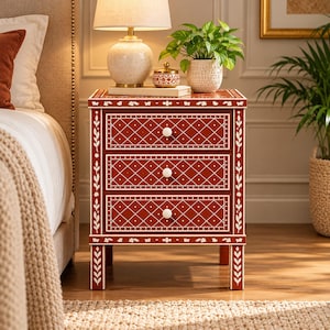 May include: A three-drawer nightstand in a deep red finish with white inlaid patterns featuring a diamond grid design on the drawer fronts and leaf motifs on the frame and legs. Each drawer is equipped with a small, round white knob.