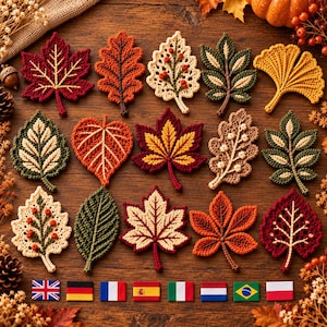 May include: A collection of fourteen crocheted leaves in various shapes and autumn colors, including deep red, orange, yellow, green, and cream, arranged in rows with small national flags placed along the bottom edge.