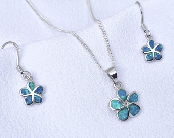 Set Sterling Silver Opal Flower Earrings and Opal Flower Necklace.  Blue Opal Flower Necklace, Blue Opal Earrings. Choose Chain