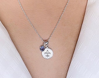 Sterling Silver Fleur-De-Lis Necklace. Personalized Fleur De Lis with birthstone, Fleur De Lis Jewelry