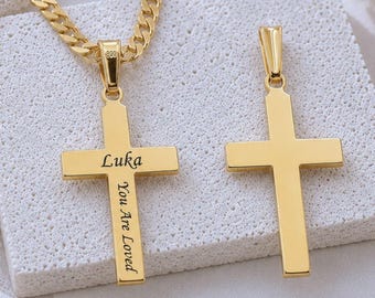 Personalized Engraved Gold Cross Necklace, 14K Gold Over Sterling Silver Pendant. Unisex Cross.  Select Thick or Thin chain. Ref: 5118