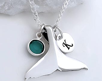 Sterling Silver Whale Tail Necklace, Personalized Birthstone Initial Charms Whale Fuke Tail Necklace. Size 74x.98". Choose chain.
