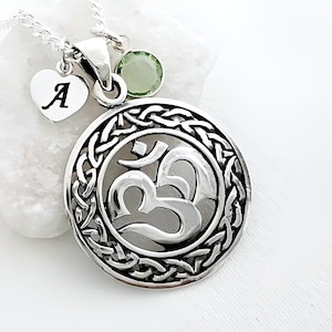 Ohm necklace, Sterling silver OM Necklace, Personalized initial birthstone, yoga pendant, om jewelry, Ohm jewelry, om karma necklace. 5105*