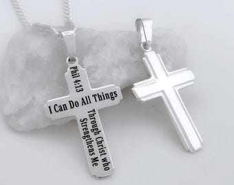 Personalized Sterling Silver Cross Necklace, Custom Unisex Pendant, Thick Chain for Men (Longer Lengths Available) or Thin for Women. 5153 #