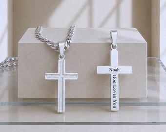 Small sterling silver Engraved Cross Necklace Silver Personalized Cross Necklace, boys Cross, Girls Cross, Woman Cross. Choose chain. 5099
