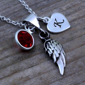 Sterling silver Guardian Angel Wing necklace Personalized Small Wing Guardian Angel Wing with Initial Birthstone