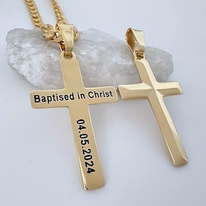 Customized Gold Cross necklace. Personalized Gold Cross Necklace. Laser engraved. Classic Cross 1-micron thickness gold Over Silver 5142-