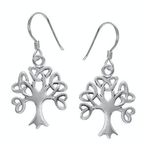 May include: A pair of silver-toned drop earrings featuring a tree design with intricate knotwork patterns in the branches. Each earring hangs from a curved hook wire, showcasing a polished metallic finish and a symmetrical, detailed tree silhouette.