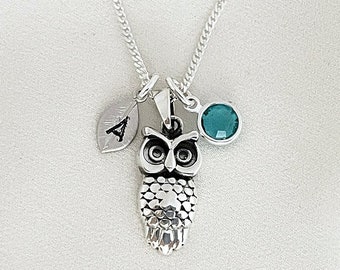 Sterling Owl Necklace, Sterling Silver Owl Necklace. initial AND birthstone NOT included, Silver Owl Jewelry. Choose chain. By LifeOfSilver