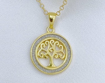 14k Yellow Gold Family Tree Necklace, Gold Tree of Life. Minimalistic Delicate Tree 15x15mm. Chose chain. Stones no included