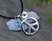 Peace Sign Jewelry, Sterling silver Peace Sign Necklace personalized initial Birthstone, Choose Chain, Silver Peace sign Necklace. 784