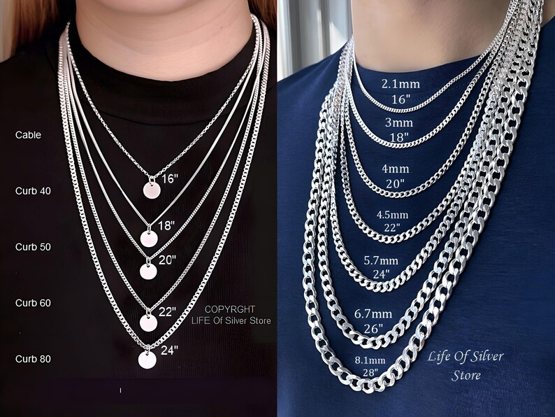 May include: A collection of silver-toned metal necklaces in cable and curb chain styles. The left image displays lengths from 16 to 24 inches. The right image shows varying chain widths from 2.1mm to 8.1mm and lengths from 16 to 28 inches.