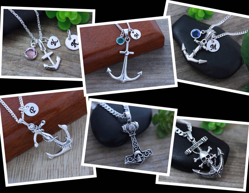 May include: A collection of silver-toned metal necklaces featuring anchor and hammer pendants. Some designs include circular charms engraved with letters like K, M, or P, and small round colored crystals. One pendant features a skull and crossbones.