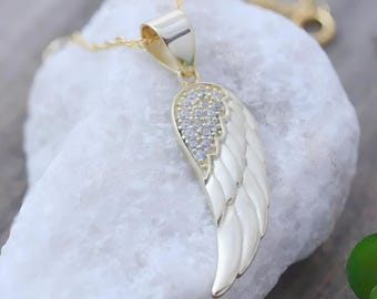 Collier aile en or Aile d'ange en or, ange gardien, cz doré. Chaîne Sélec