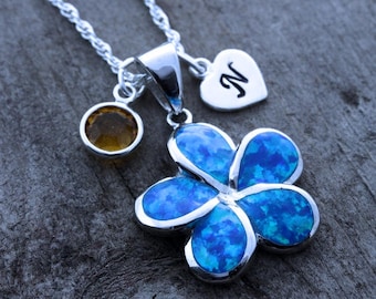 Choose Sterling Silver Chain.  Opal Flower Necklace, Blue Opal Pendant Necklace, Sterling Silver Blue Opal Jewelry,  Choose your Chain