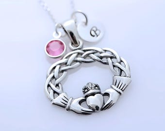 Claddagh Necklace Sterling Silver Celtic Knot Love Friendship Necklace Personalized jewelry Initial  Birthstone Necklace. 444
