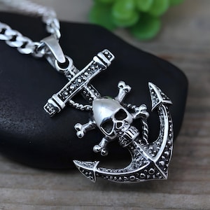 Silver Sterling skull Anchor Necklace Silver Mens Anchor Necklace Man Jewelry Anchor jewelry Anchor for men, Select Chain